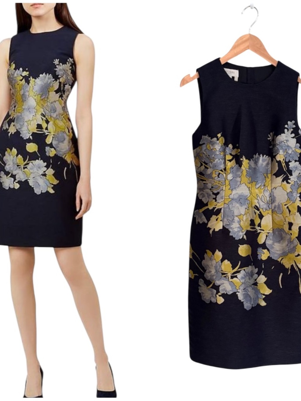 Hobbs Navy Muted Floral Historic Royal Palaces Sleeveless Shift Dress US2